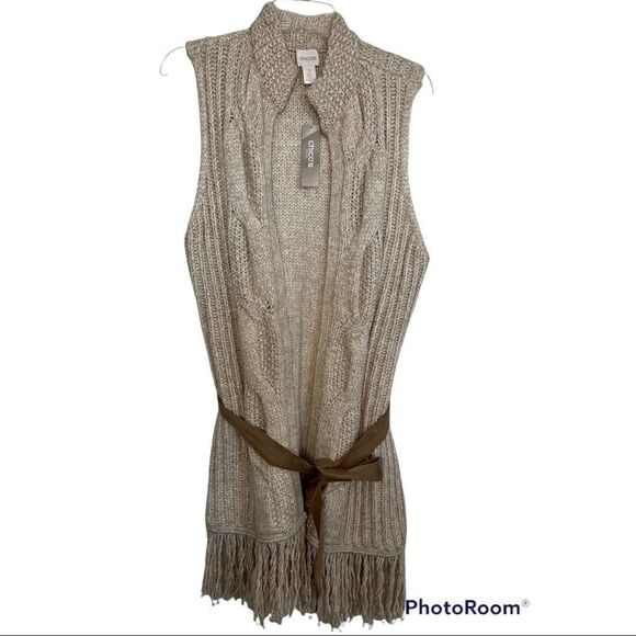 Chico’s Tan Neutral Boho Fringe Fran Vest W/ Waist Belt Size XL - Picture 3 of 9